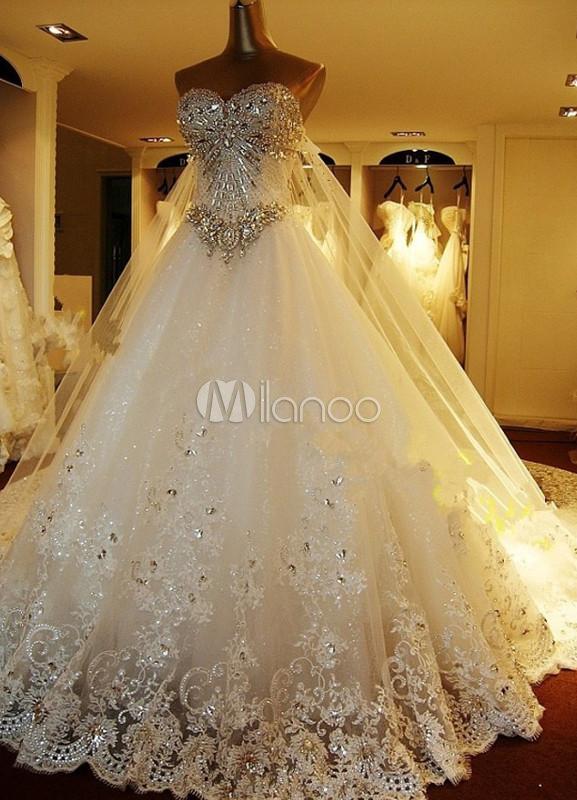 Vestido de novia de tul con escote en corazón y pedrería - Milanoo.com Vestido de novia de tul con escote en corazón y pedrería - Milanoo.com