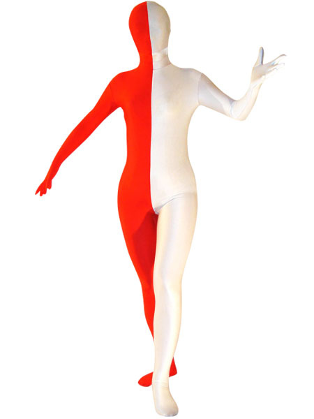 Image of Carnevale Vestito multicolore collant completo rosso e bianco per adulti bicolore tuta lycra spandex unisex Halloween