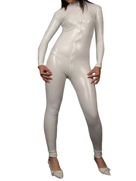 White Long Sleeves PVC Shiny Metallic Fabric Catsuit Full Bodysuit Britney Spears Costume