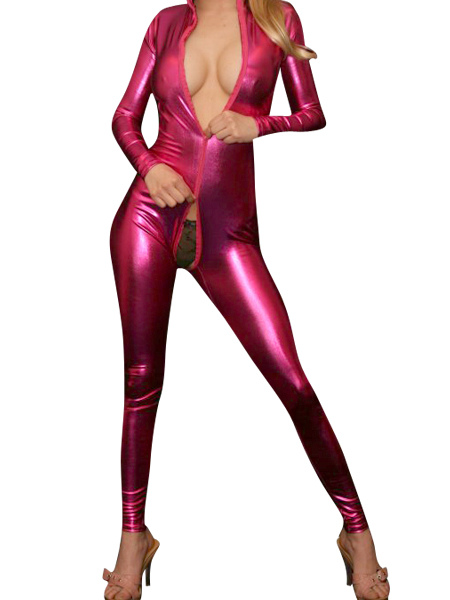 

Milanoo Morph Suit Sexy Rose Red Shiny Metallic Fabric Catsuit with Front Zipper Full Body Suit