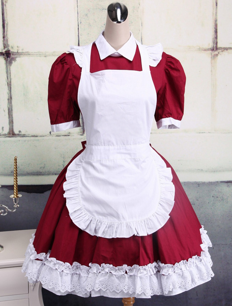 Image of Completo Lolita in cotone in rosso scuro e bianco con maniche corte
