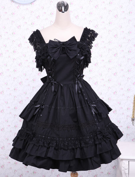 Image of Gothic Lolita Dress JSK nero volant Bow Lace Trim Lolita Jumper gonna