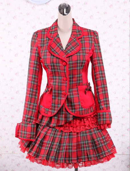 Image of Attrezzatura Lolita dolce rossa in cotone con maniche lunghe