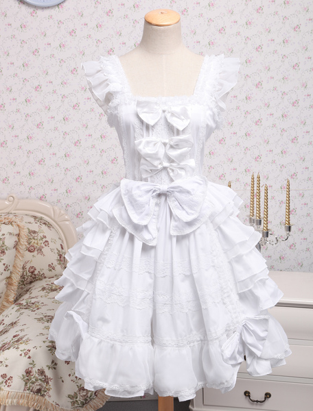 Image of Vestito da Lolita bianco dolce in cotone con maniche corte multistrato