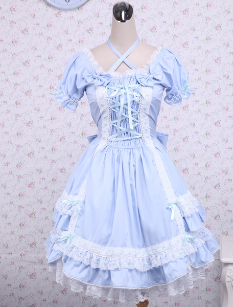 Image of Vestito da Lolita bianco e blu dolce in cotone con maniche corte con fiocchi