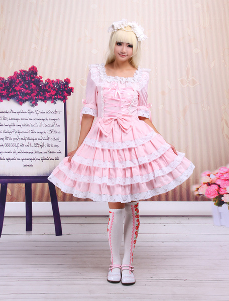 Image of Dolce Lolita Rosa OP vestito mezzo maniche con pizzo Trim