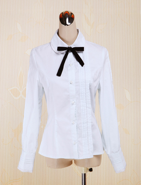 Image of Bianco cotone Lolita camicetta maniche lunghe couverture collare Bow