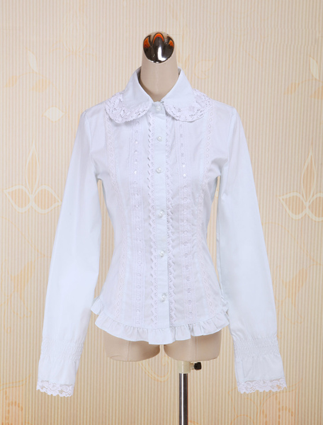 Image of Bianco cotone Lolita camicetta maniche lunghe pizzo Trim couverture collare