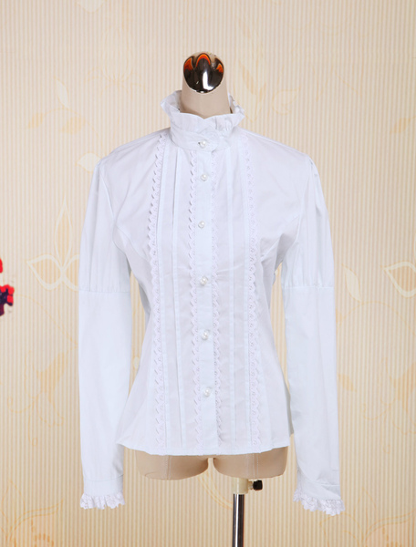 Image of Bianco cotone Lolita camicetta maniche lunghe Stand collare pizzo volant Trim