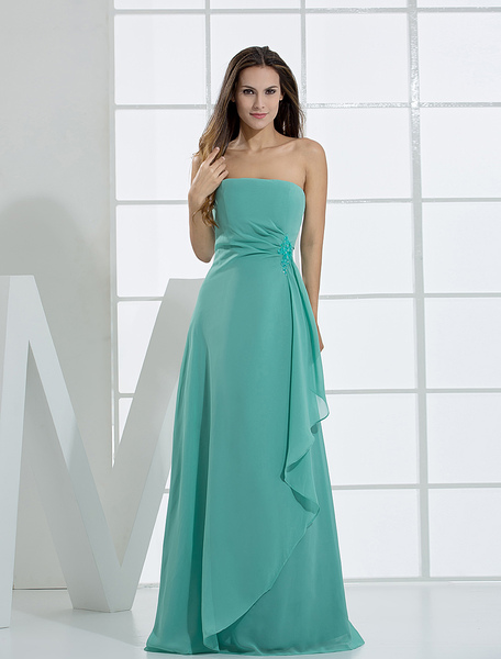 

Milanoo Romantic A-line Strapless Floor Length Chiffon Bridesmaid Dress, Blue green