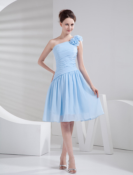 

Short Bridesmaid Dress Baby Blue Ruched Chiffon A Line One Shoulder Flower Cocktail Dress