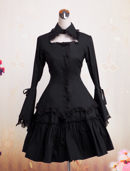 Image of Gothic Lolita Dress Black OP Hime lunghe maniche volant pizzo tagliare un pezzo di cotone Lolita