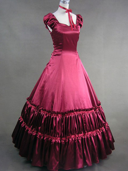 Image of Carnevale Vestito da Lolita rosso classico in satin multistrato con collo a cuore Halloween