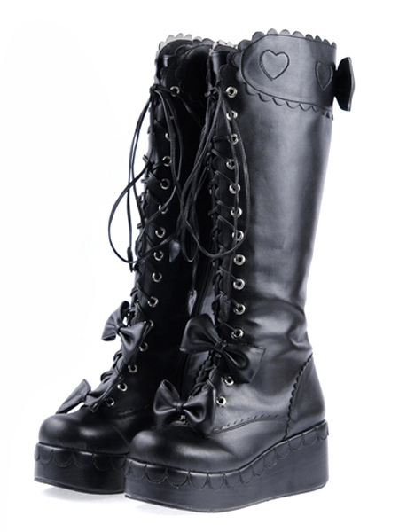 Image of Dolce nera anteriore in pelle Lace Up Bow Lolita Boots