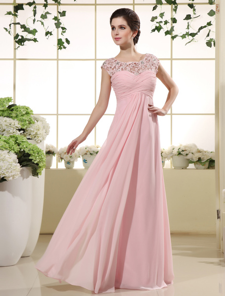 

Pink Prom Dresses 2017 Long Lace Illusion Chiffon Evening Dress Ruched Beading Floor Length Party Dr, Soft pink