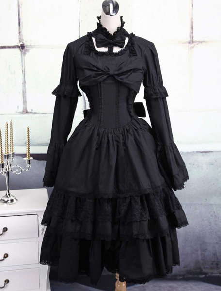 Image of Vestito da Lolita nero classico tradizionale in cotone con maniche lunghe e collo alto multistrato