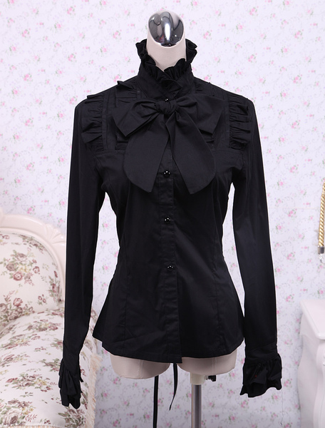Image of Cotone nero Lolita camicetta maniche lunghe Stand collare volant Bow