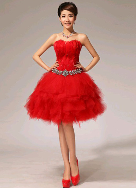 

Red Feather Strapless Knee-Length Fashion Cocktail Dress, Ture red
