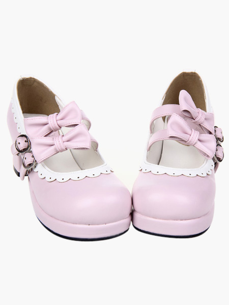 

Sweet Pink Square Heels Lolita Shoes Bows Buckles White Trim