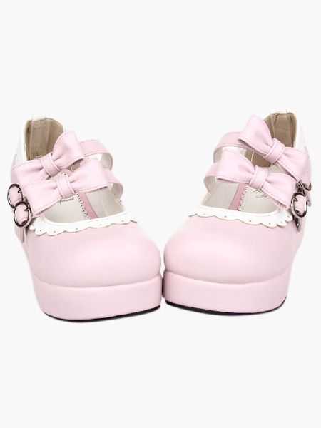

Sweet Pink Lolita Platform Shoes White Trim Bows Buckles, White;black;pink