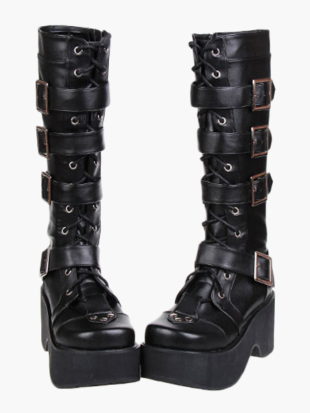 Image of Gothic Black Lolita Boots Platform Shoes Scarpe Fibbie Lacci delle scarpe