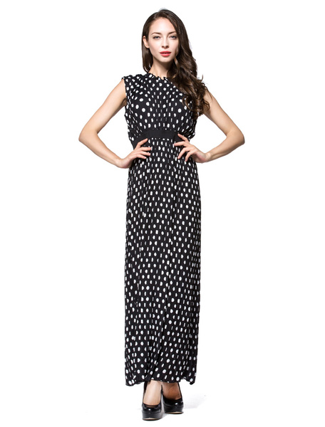 

Vintage Maxi Dress Women's Plus Size Chiffon Polka Dot Embellished Collar Sleeveless Retro Long Dres, Black