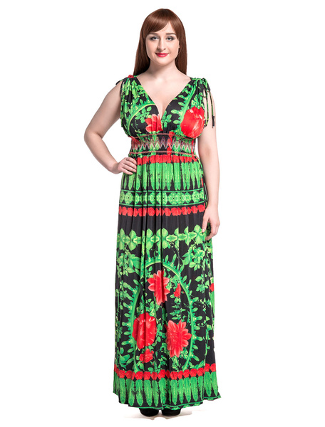 

Plus Size Long Dress Sleeveless Floral Print V-neck Floor Length Dress For Women, Green