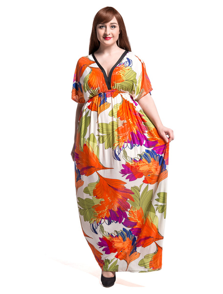

Kimono Long Dress V Neck Printed Short Sleeve Plus Size Dress, Orange