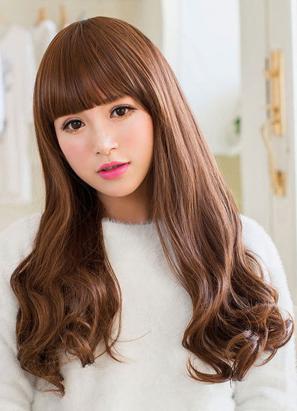 

Women's Long Wigs Brown Curls At Ends Synthetic Hair Wigs With Blunt Fringe, Coffee brown