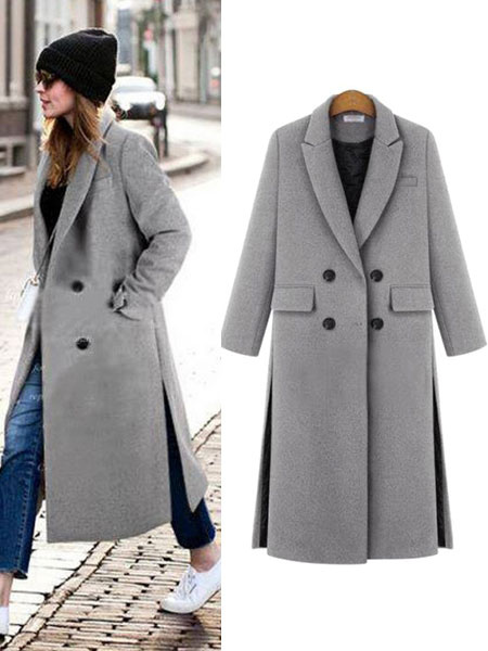 

Gray Long Coat Women' Long Sleeve Turndown Collar Split Double Breasted Overcoat With Pockets, Burgundy;gray;black