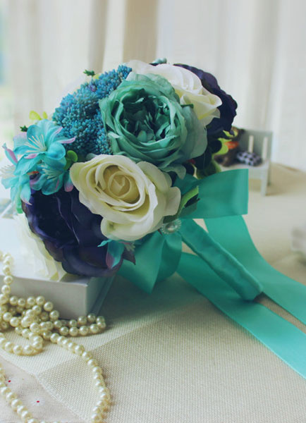 

Wedding Flower Bouquet Blue Ribbon Hand-tied Silk Flower Bridal Bouquet