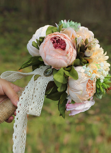

Wedding Succulent Bouquet Silk Flowers Lace Jeweled Hand Tied Bridal Bouquet, Blush pink
