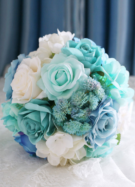 

Wedding Blue Bouquet Succulent Lace Silk Flower Ribbon Hand-tied Bridal Bouquet