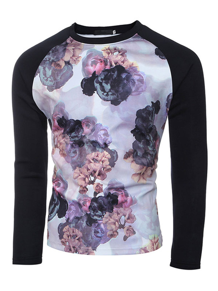 

Printed T Shirt Men's Long Sleeve Round Neck Cotton Tshirt In Black/Lavender, Black;lilac