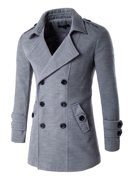 

Men's Pea Coat Deep Gray Double Breasted Long Sleeve Turndown Collar Cotton Coat, Black;light gray;deep gray