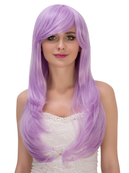 

Halloween Long Wigs Lilac Curls At Ends Side Swept Synthetic Wigs For Women, Lavender