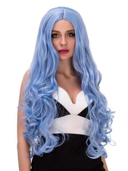 

Halloween Long Wigs Curly Layered Women's Centre Parting Synthetic Hair Wigs, Light sky blue