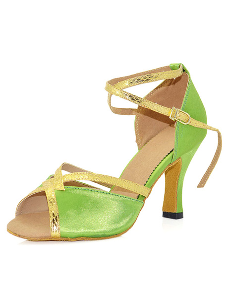 

Green Ballroom Shoes Silk & Satin High Heel Peep Toe Criss Cross Ankle Strap Dance Shoes