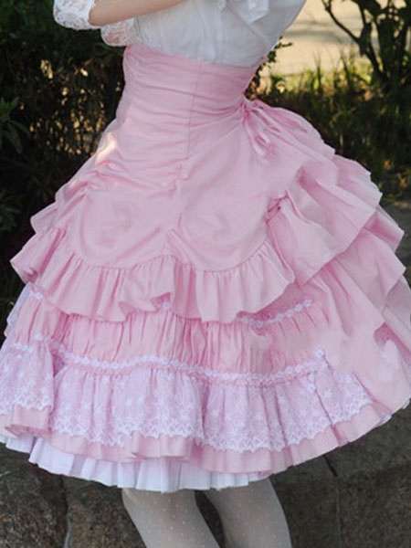 Image of Sweet Lolita Dress SK pizzo rosa incrociato Ruffle cotone Lolita gonna a vita alta