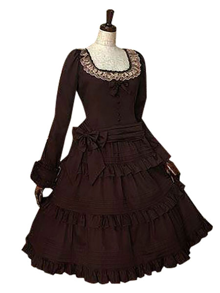 Image of Vestito da Lolita color daino scuro gotico cotone maniche lunghe con scollo tondo