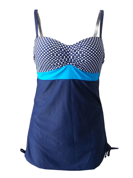 

Blue Beach Swimsuit Women's Ruched Back Keyhole Polka Dot Oversize Swimwear