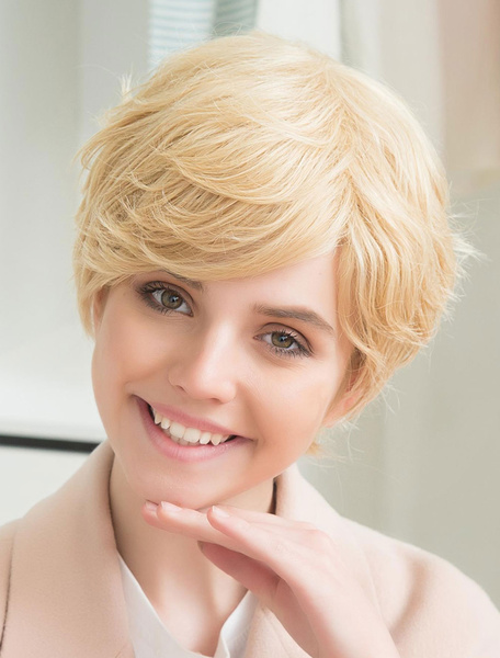 

Light Gold Human Hair Wigs Short Pixie Cut Wigs Layered Curly At Ends Side Swept Bangs Women's Wigs