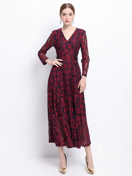 

Red Lace Dress Elegant V Neck Long Sleeve Pleated Maxi Dress For Women, Black;red;blue