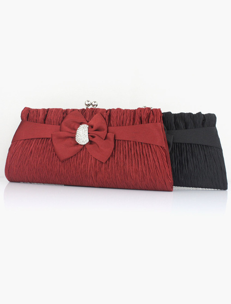 

Classic Silk Rhinestone Bow Decor Clutch Handbag Comes in 3 Colors Detachable Chain, Burgundy;black;gray
