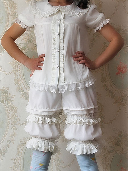 Image of Pantaloncini Lolita neri bianchi Infanta Lolita Bloomer Shirring Lace Trim Ruffles Trim