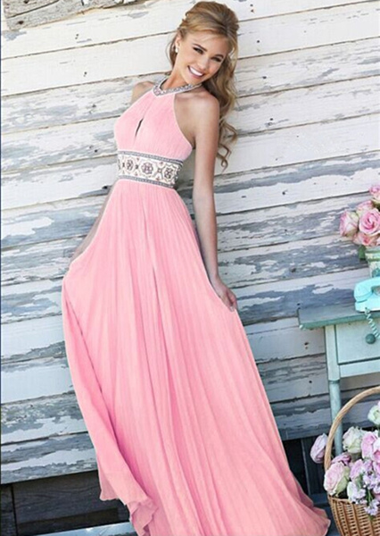 

Pink Maxi Dress Backless Halter Beading Sash Chiffon Long Prom Dress For Women, Pink;white;light sky blue