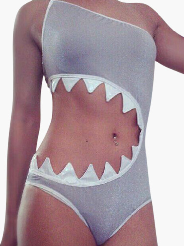 

Unique Shark Mouth Design Metal Detail One Piece Swimsuit, Black;light gray
