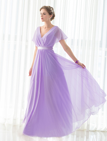 

Bridesmaid Dress Lilac Chiffon Maxi V-neck Short Sleeves Satin Sash Floor-length Lace-up Wedding Par