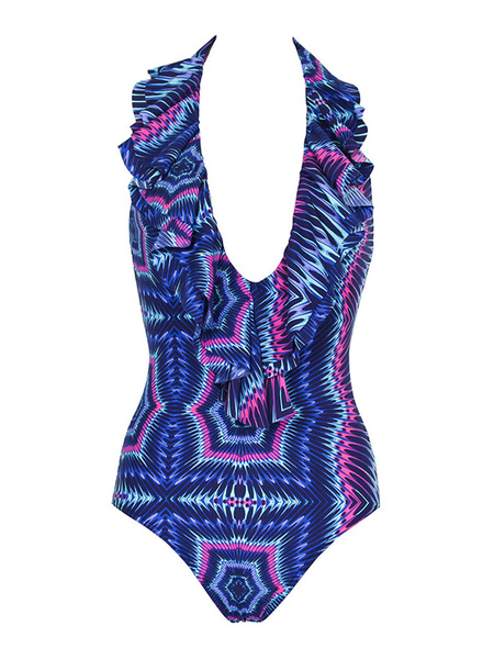 

One Piece Swimsuit Purple Halter Sleeveless Ruffle Plunging Neckline Printed Beach Swimwear