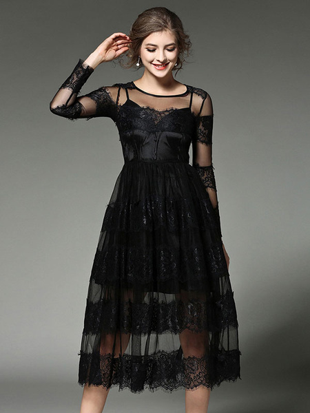 

Black Maxi Dress Lace Patchwork Illusion Long Sleeve Women' Round Neck Semi Sheer Long Dress In 2 P